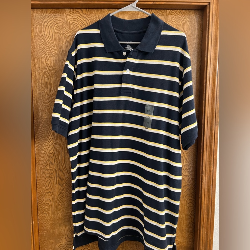 Harbor Bay, short sleeve, navy blue, with yellow and white stripes. Never worn!